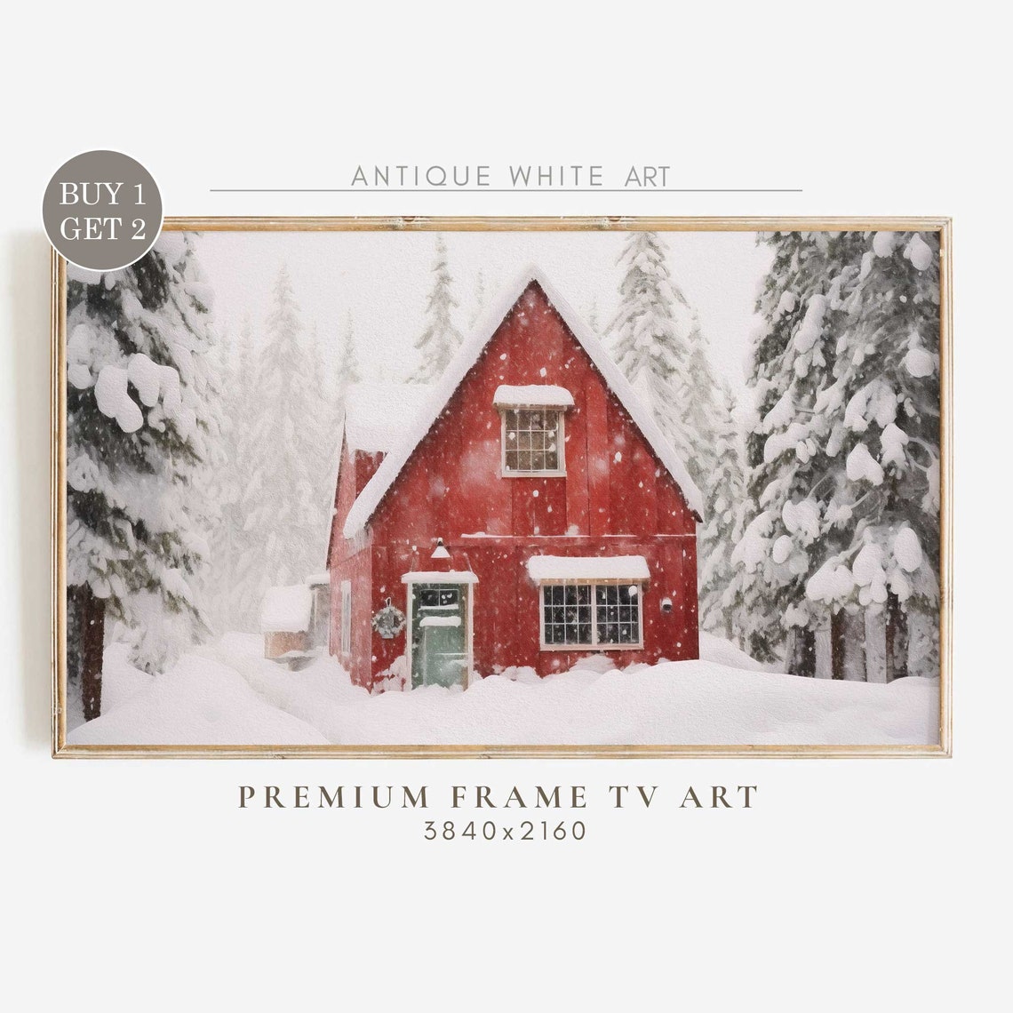 Red Barn Winter Snowfall Forest Christmas Farmhouse Art Print
