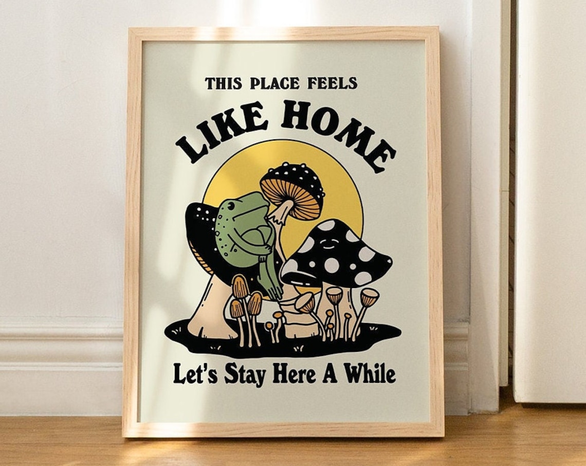 Retro Frog and Mushroom Poster, 70s-Inspired
