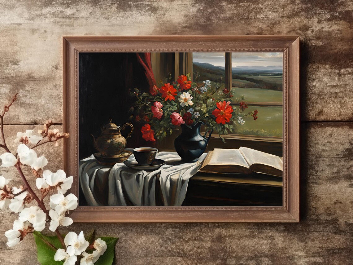 Still Life with Red Flowers Teapot and Open Book Vintage Interior Poster - Image 2