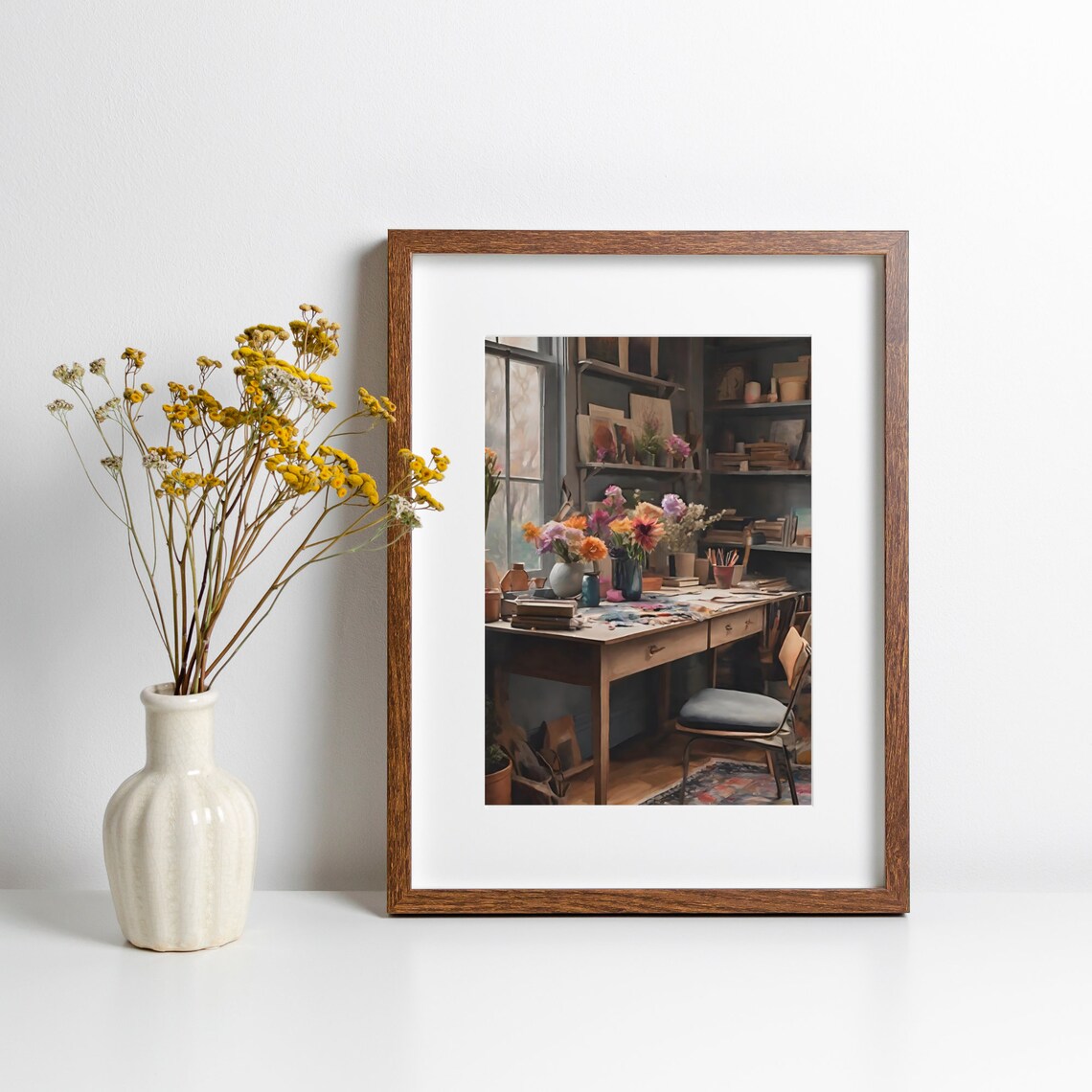 Cozy Artist Studio Desk with Flowers Vintage Interior Painting Print - Image 5
