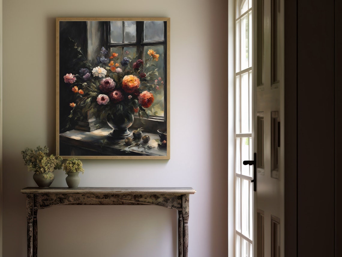 Moody Peony Bouquet Windowsill Vintage Dark Floral Still Life Poster - Image 4