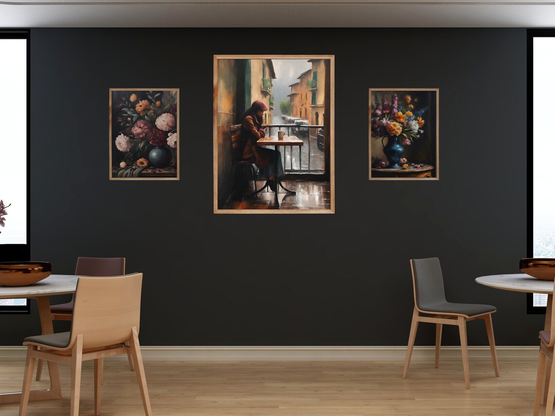 Woman with Coffee on Rainy Cafe Balcony Vintage City Street Wall Art - Image 3