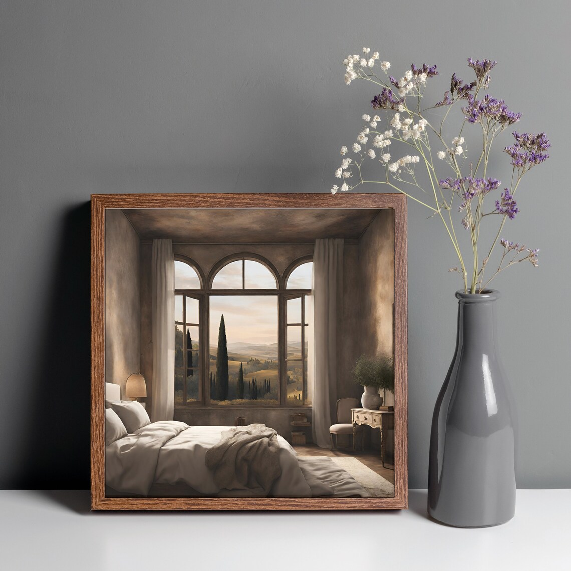 Serene Bedroom with Arched Windows Over Cypress Hills Wall Art - Image 5