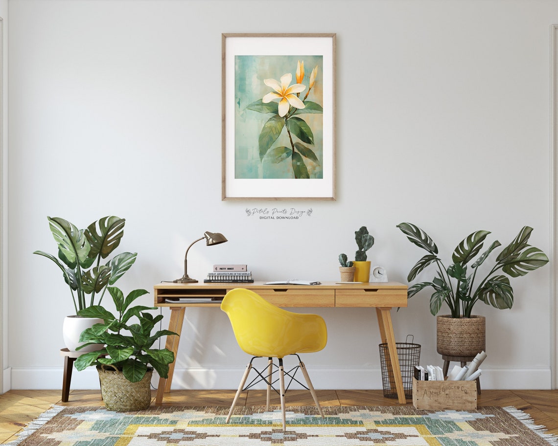 White Plumeria Blossom with Buds Teal Watercolor Botanical Poster - Image 2