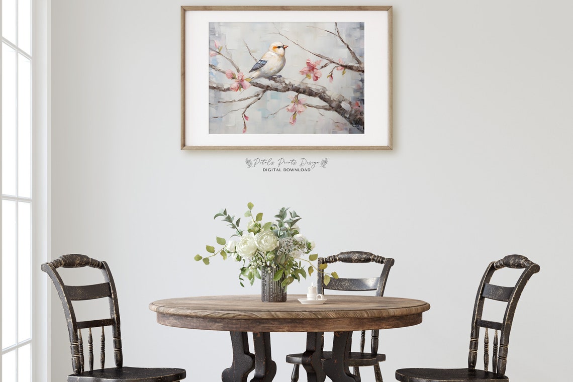 White Bird on Pink Cherry Blossom Branch Soft Blue Art Poster - Image 2