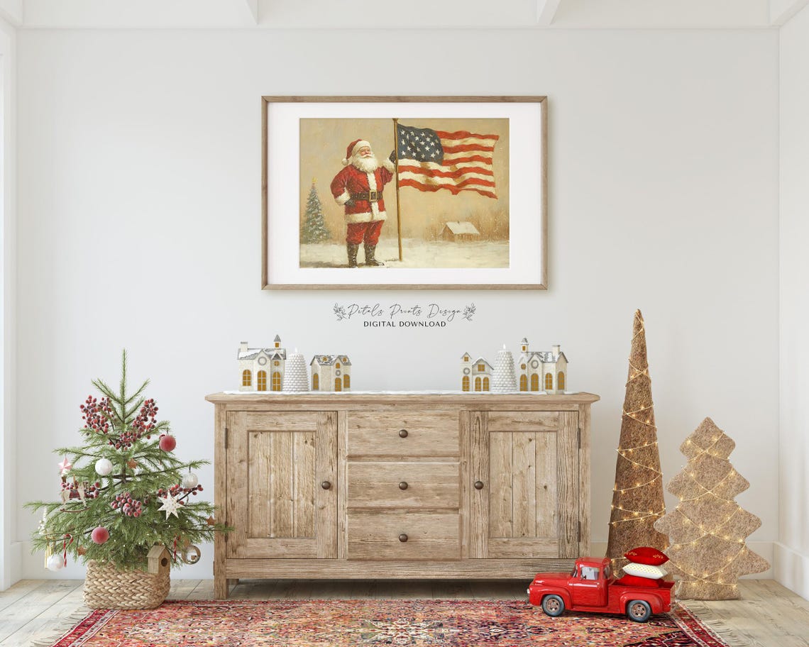 Santa Claus Standing with American Flag in Snowy Farm Scene Art Poster - Image 2
