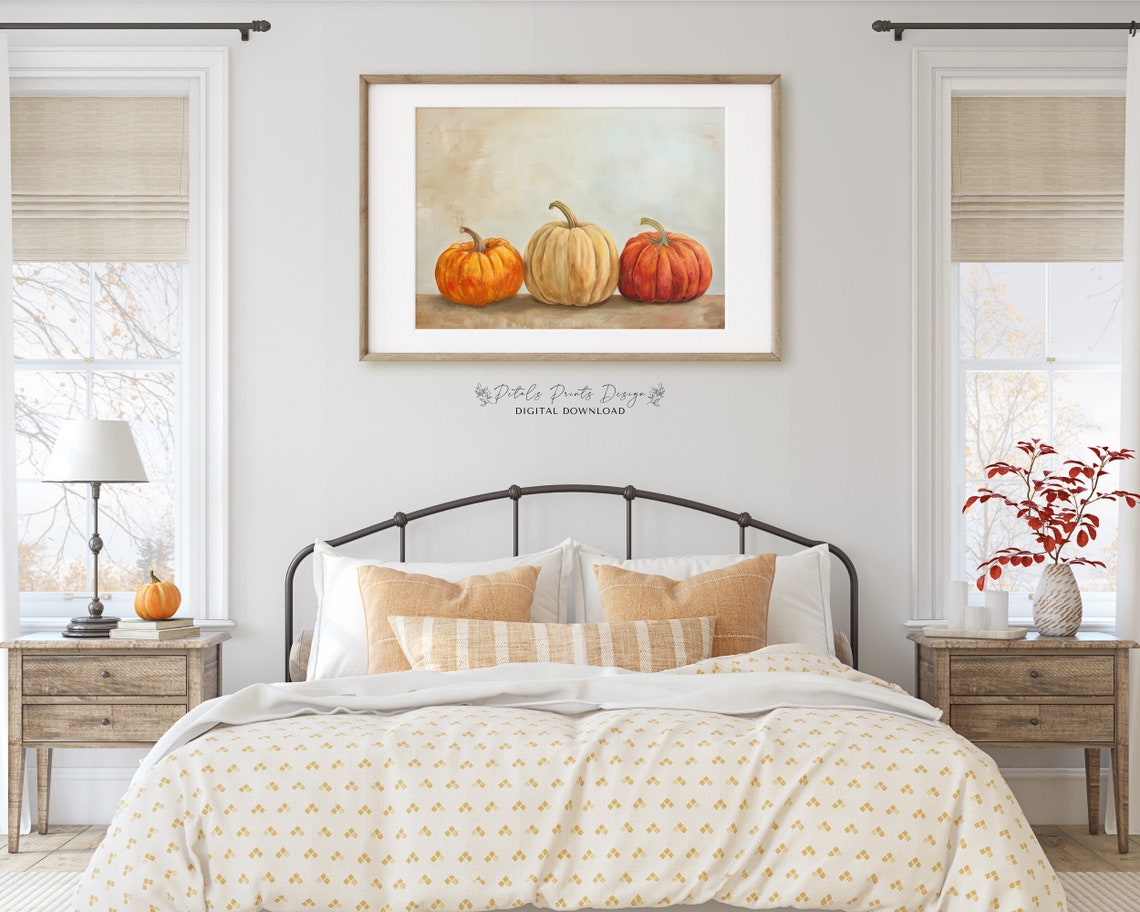 Cream Orange Pumpkin Trio Soft Rustic Fall Harvest Art Print - Image 2