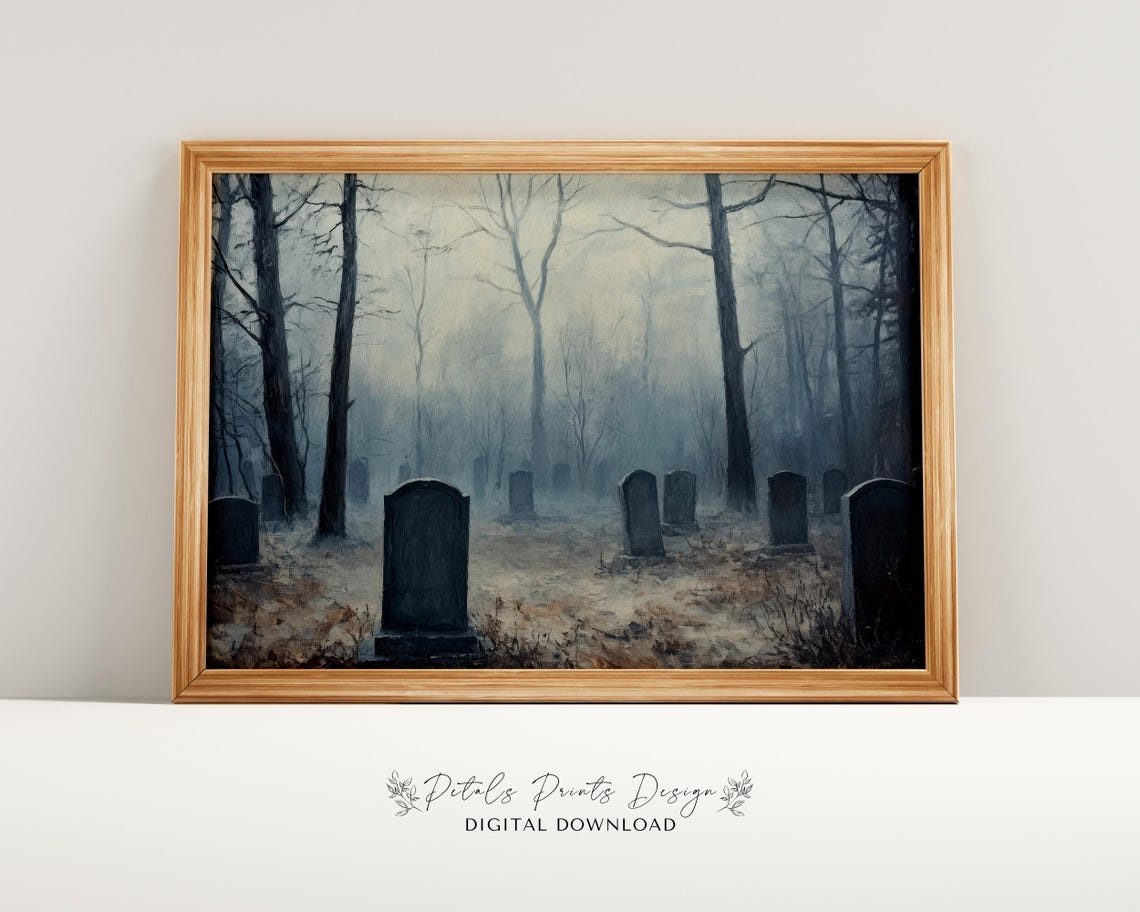 Haunted Graveyard In Thick Fog Bare Winter Trees Cemetery Wall Art