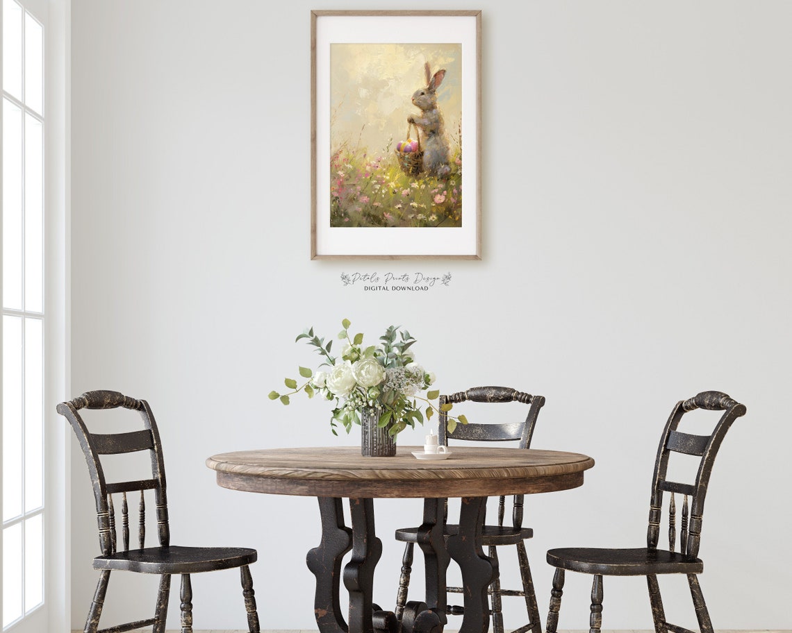 Bunny with Easter Egg Basket in Pink Wildflower Meadow Art Poster - Image 3