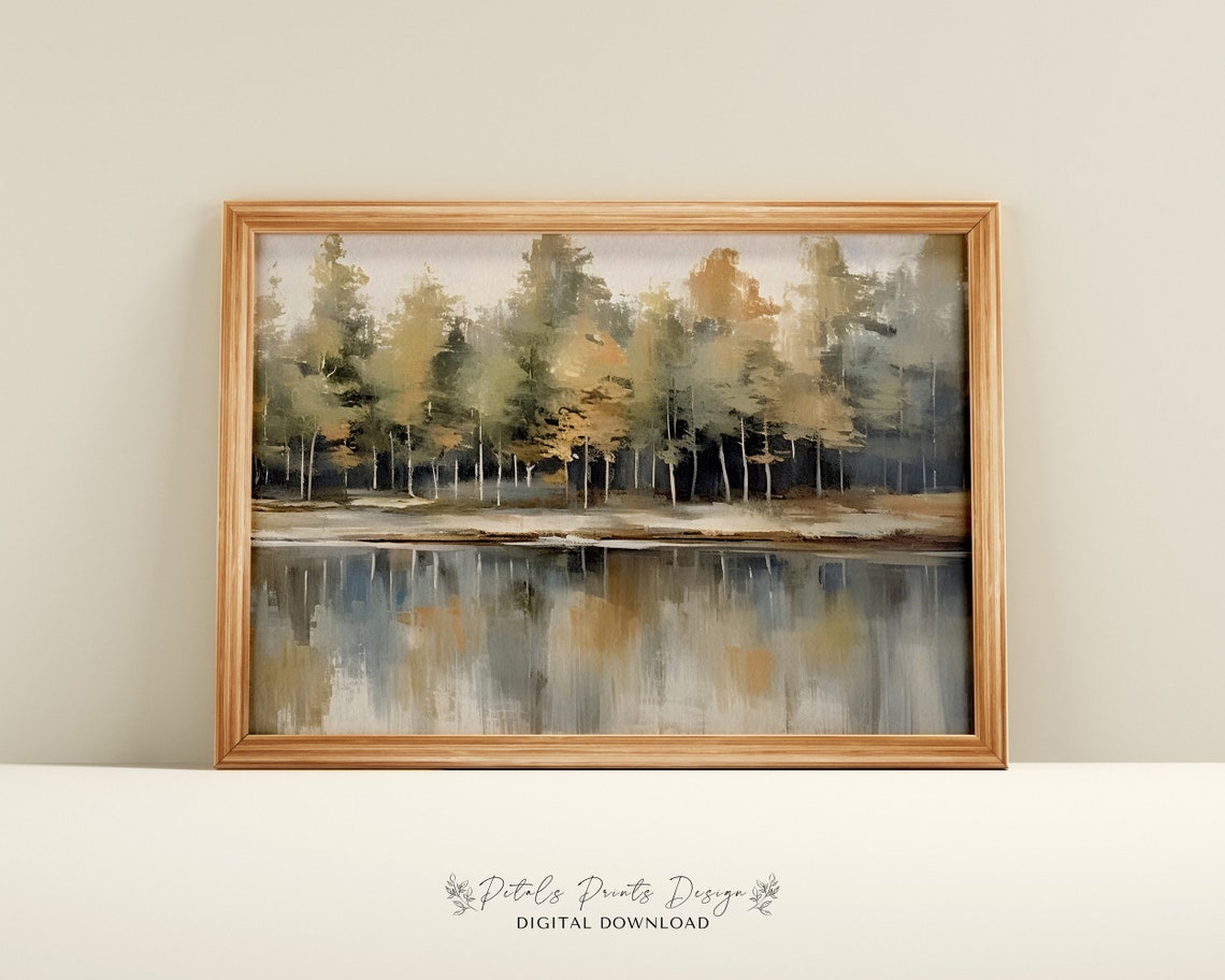 Autumn Birch Treeline Lake Mirror Reflection Golden Fall Poster
