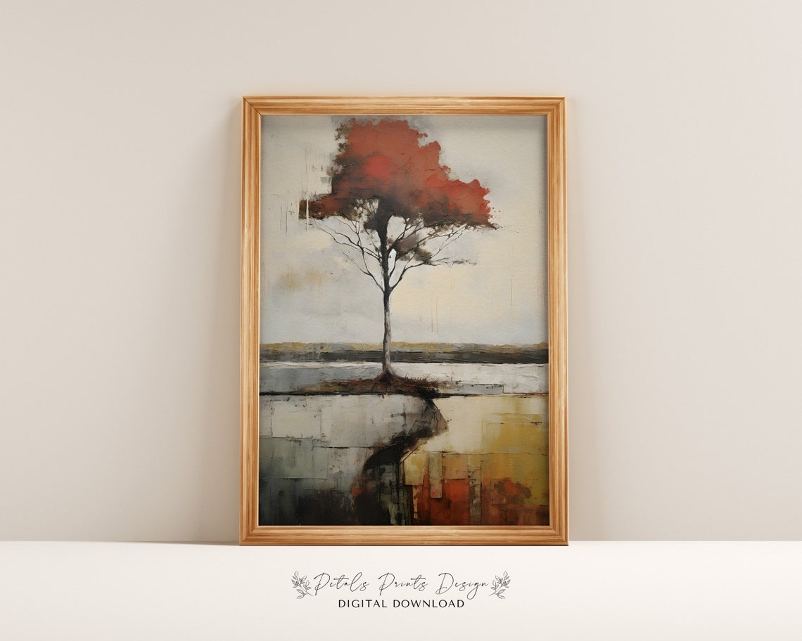 Lone Red Tree Abstract Minimalist Earth Tone Modern Painting Poster