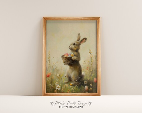 Little Bunny Holding Tiny Easter Egg Basket Standing Rabbit Poster