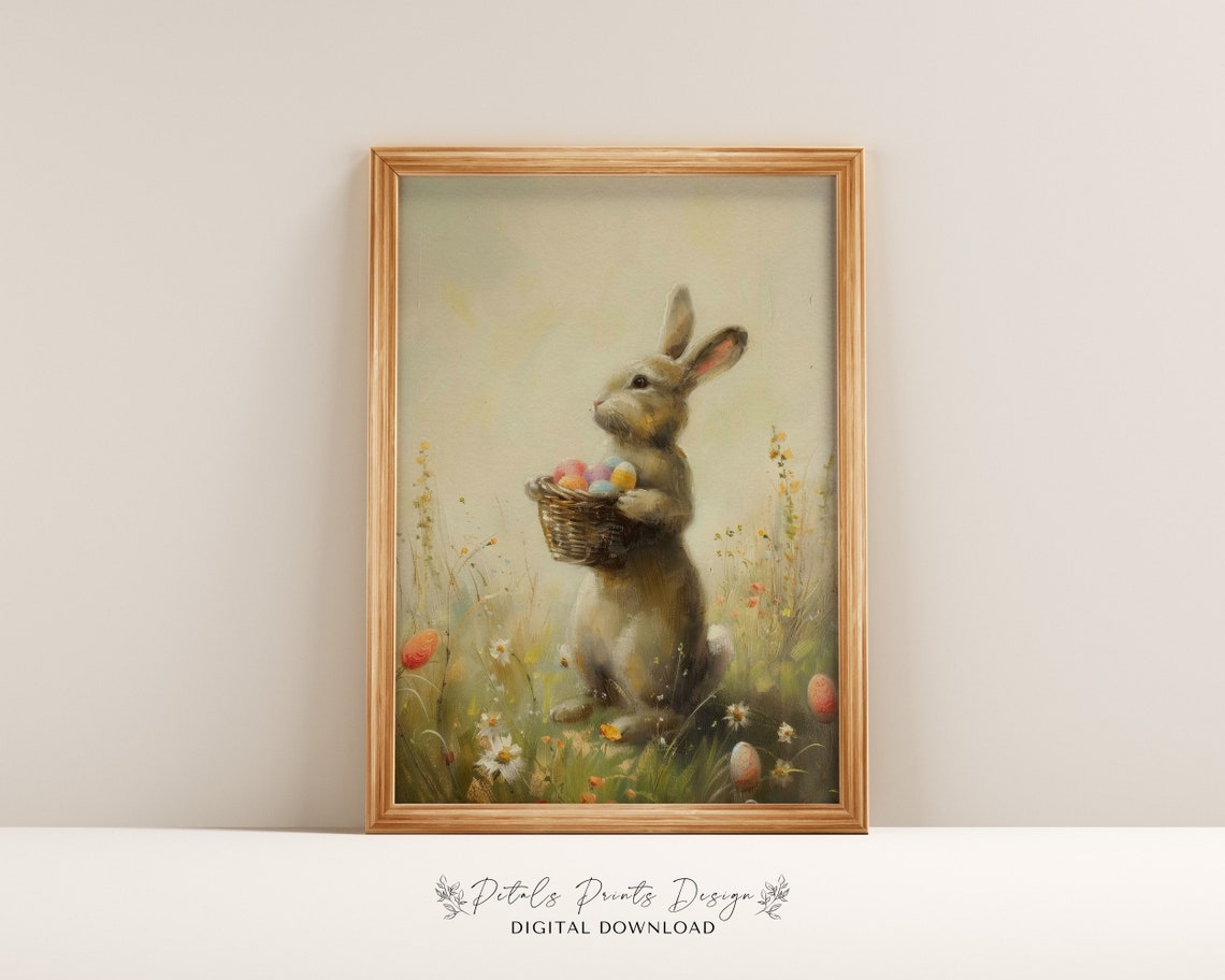 Little Bunny Holding Tiny Easter Egg Basket Standing Rabbit Poster