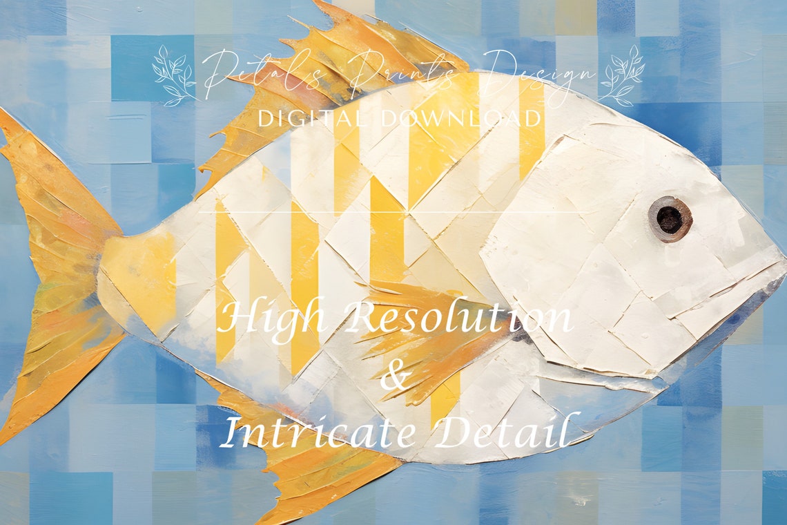 White Mosaic Fish Yellow Fins Blue Tile Ocean Portrait Art Poster - Image 3