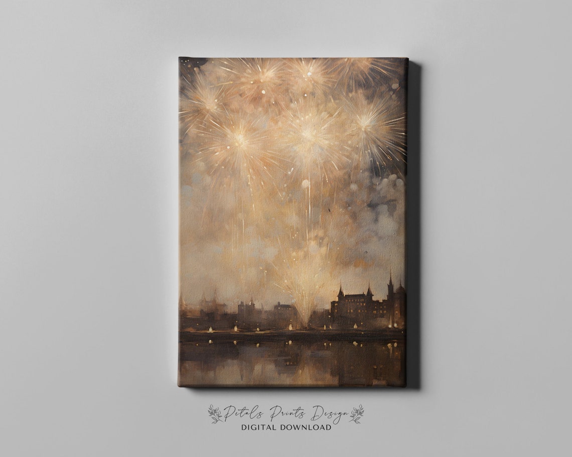 Fireworks Over City Skyline Night Celebration Watercolor Poster - Image 4