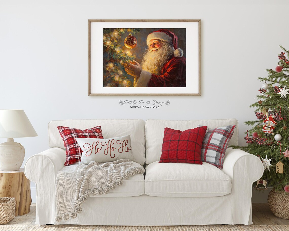 Santa Claus Holding Glowing Red Ornament by Christmas Tree Art Poster - Image 2