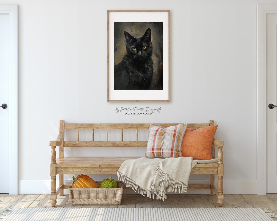 Black Cat Yellow Eyes Close Up Dark Portrait Gothic Art Print - Image 3