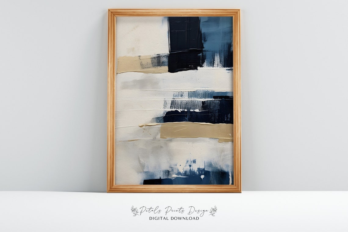 Navy Beige Neutral Abstract Bands Minimalist Vertical Art Poster