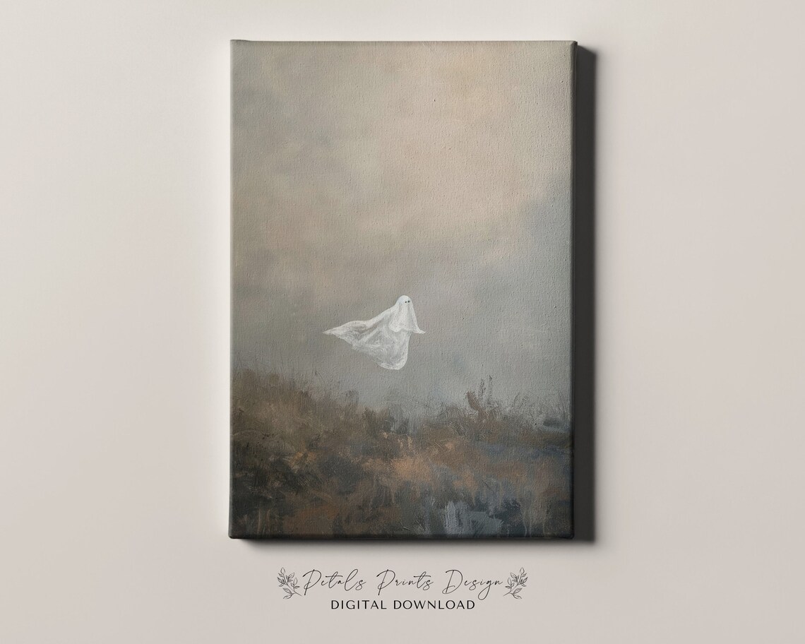 Minimalist Floating Ghost Foggy Field Neutral Halloween Art Print - Image 4