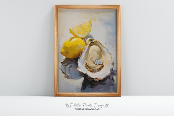Oyster and Lemon Still Life Coastal Kitchen Oil Painting Poster
