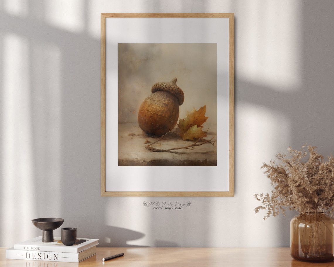Acorn and Maple Leaf with Twig Rustic Autumn Still Life Poster - Image 2