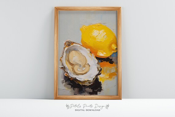 Impasto Oyster Lemon Textured Still Life Gray Background Poster