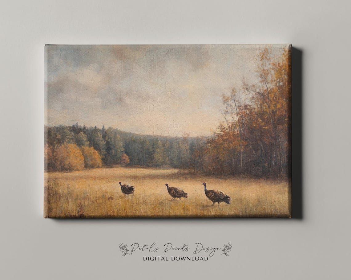 Wild Turkeys In Golden Autumn Field Countryside Painting Poster - Image 4