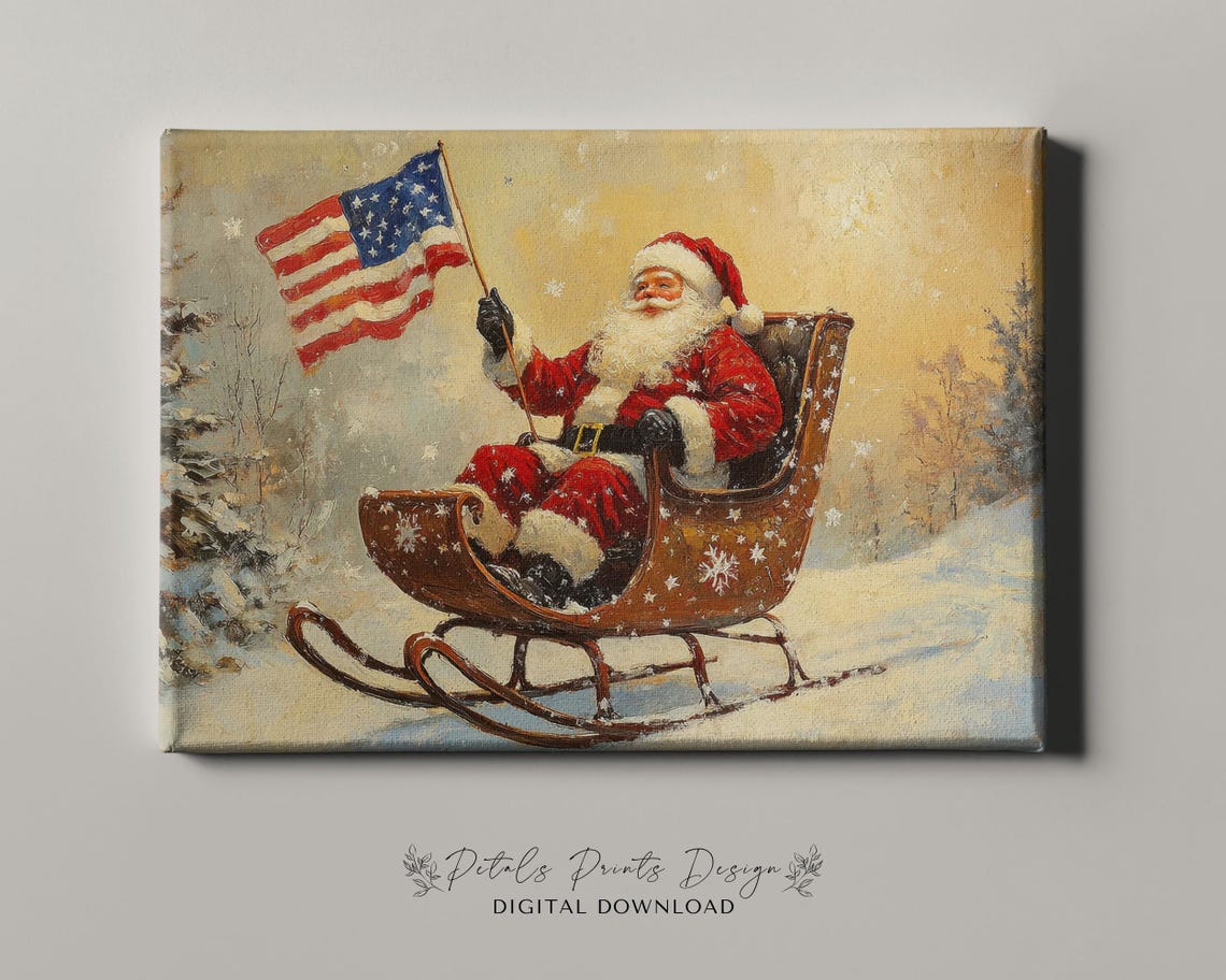 Santa Claus Waving American Flag from Sleigh in Snowstorm Art Poster - Image 4