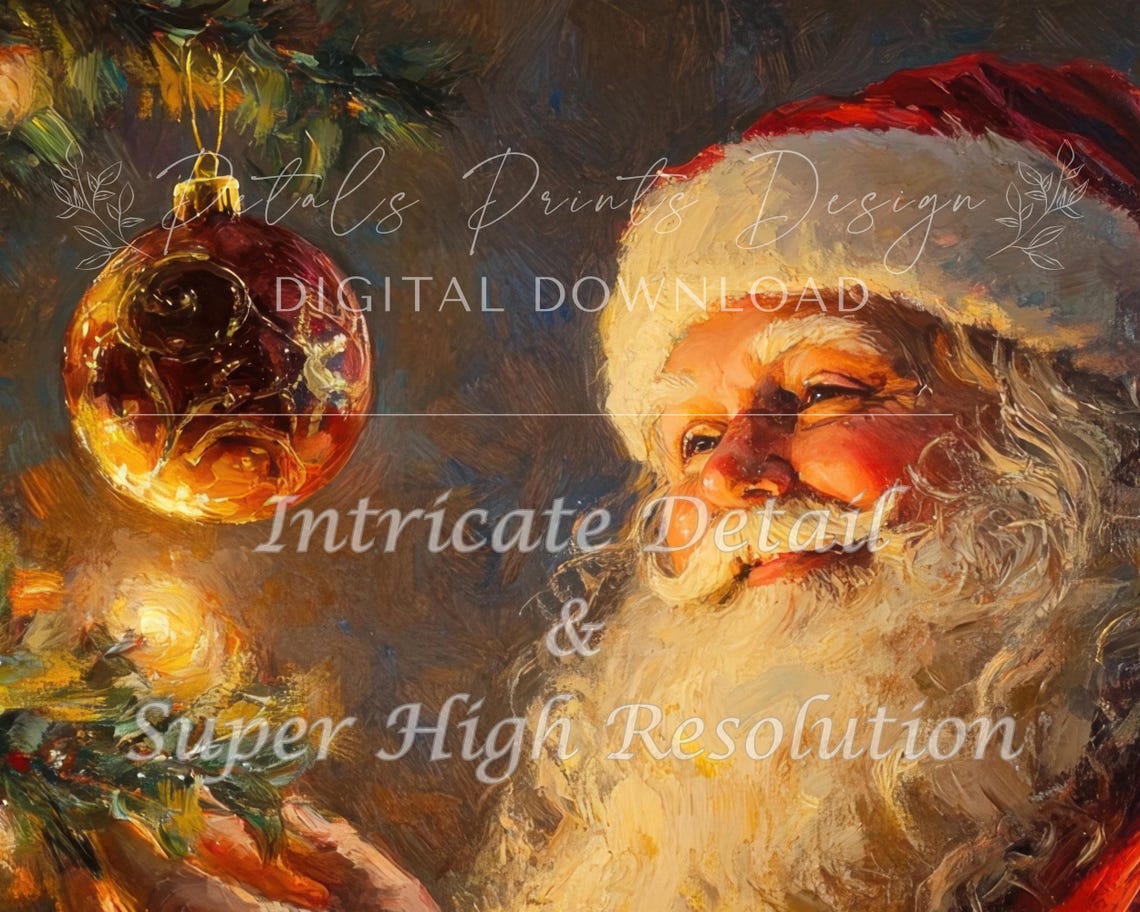 Santa Claus Holding Glowing Red Ornament by Christmas Tree Art Poster - Image 3