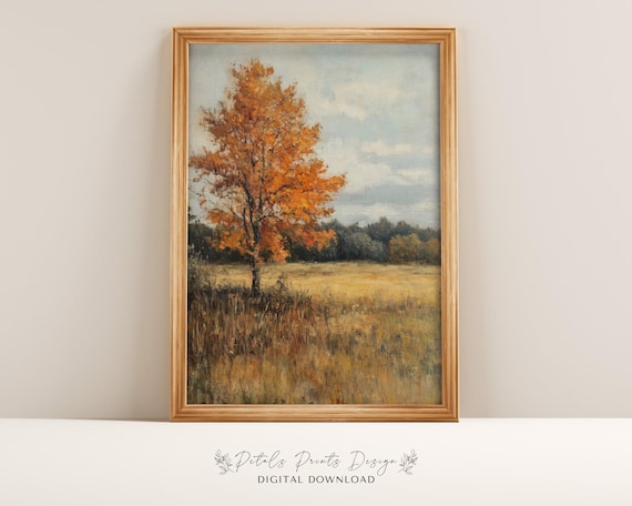 Lone Autumn Tree In Golden Field Fall Landscape Painting Poster