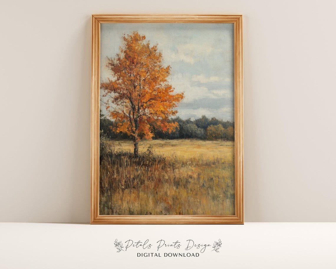 Lone Autumn Tree In Golden Field Fall Landscape Painting Poster