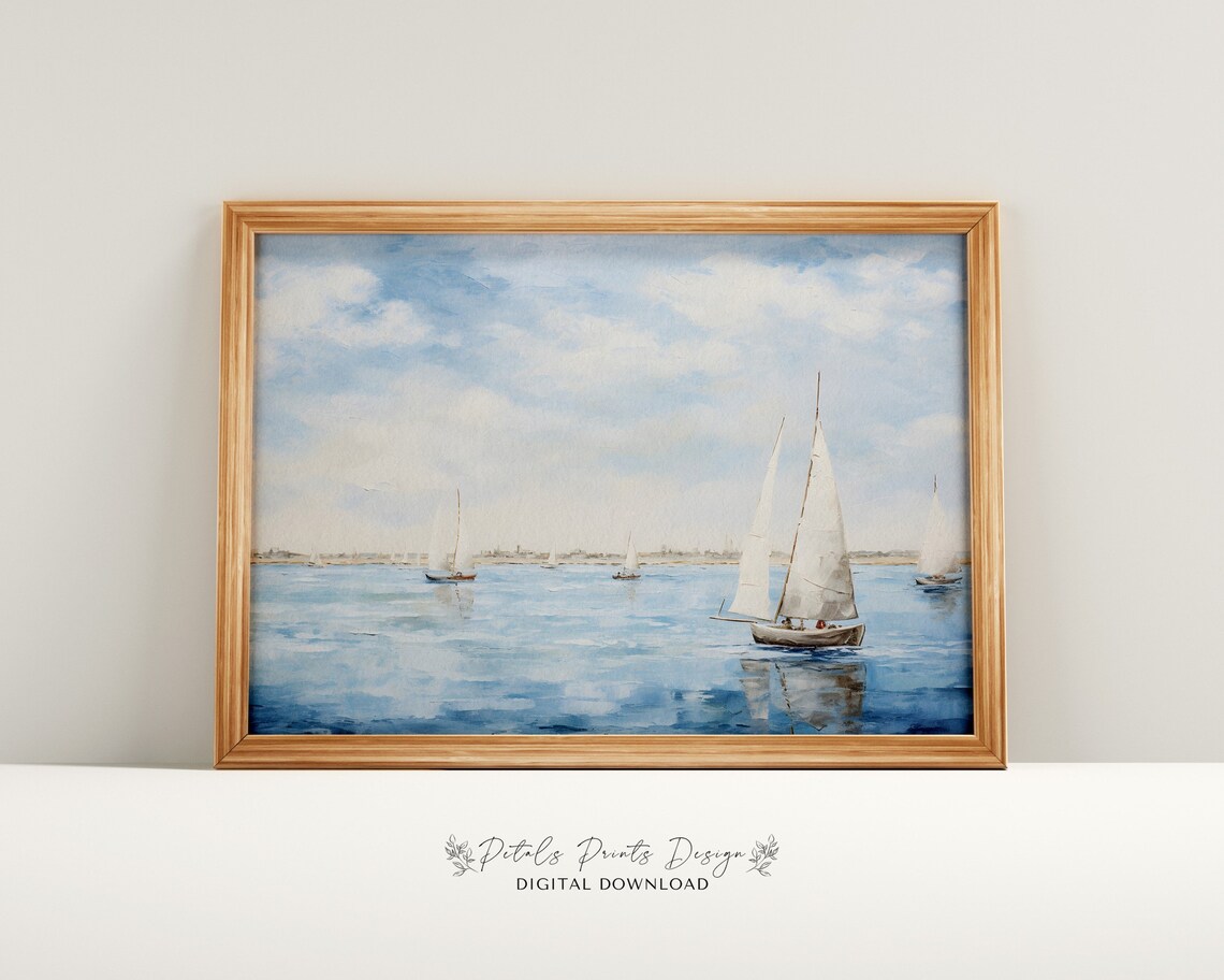 Sailboats on Calm Blue Sea Watercolor Seascape Nautical Poster