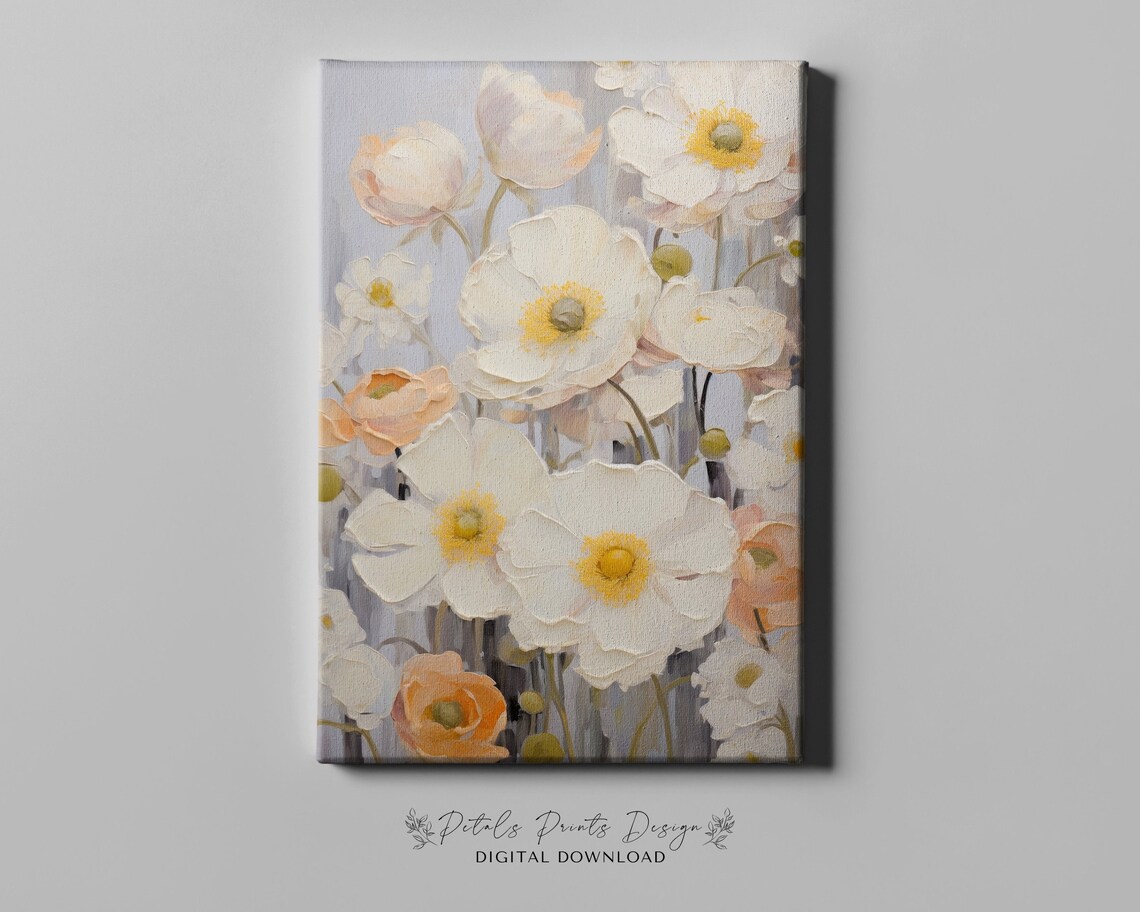 White and Peach Anemones Textured Impasto Floral Painting Poster - Image 4