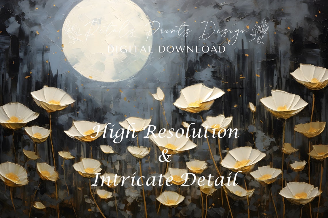 White Poppies Under a Full Moon Dark Night Floral Scene Poster - Image 3