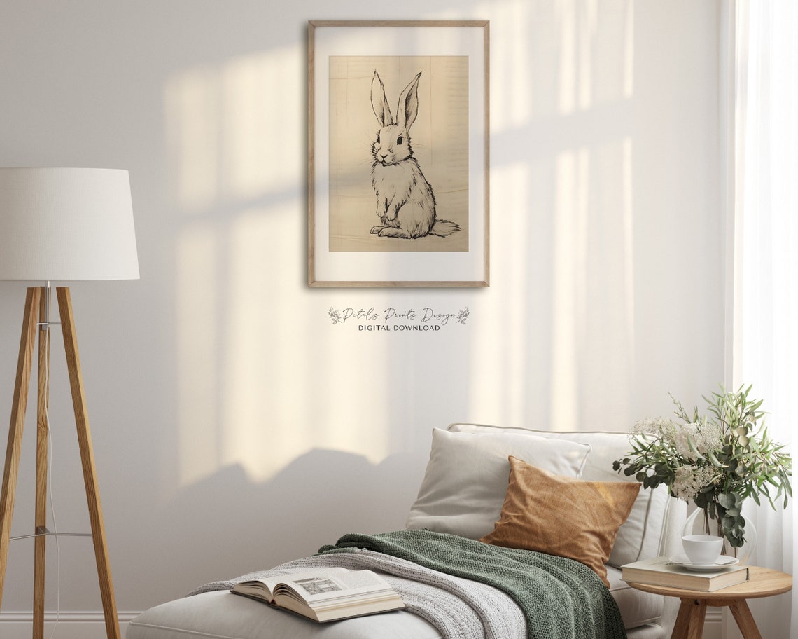 Vintage Bunny Rabbit Line Sketch Rustic Easter Spring Art Print - Image 3