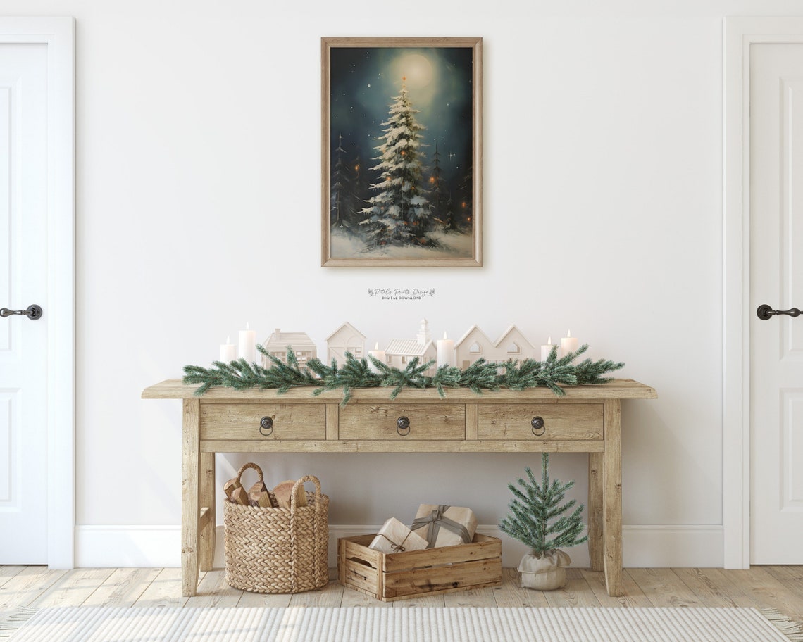 Snowy Christmas Tree Moonlight Star Night Vintage Holiday Poster - Image 3