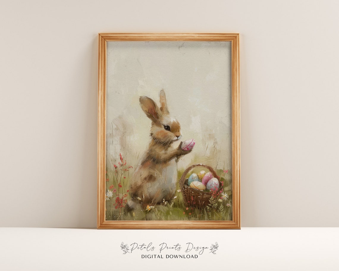 Cute Bunny Holding Painted Easter Egg Beside Basket Art Poster
