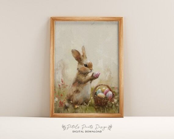 Cute Bunny Holding Painted Easter Egg Beside Basket Art Poster