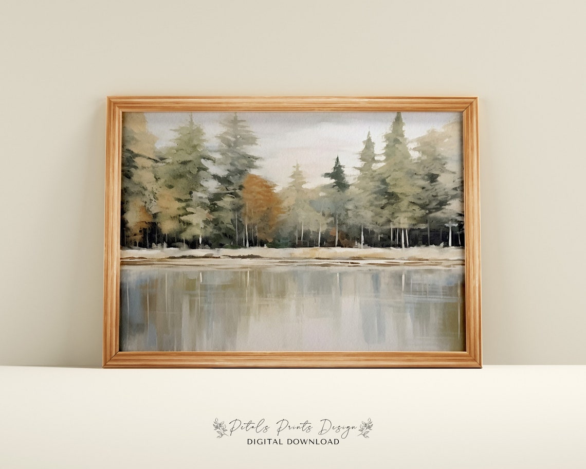 Autumn Pine Forest Lake Reflection Warm Amber Trees Water Poster