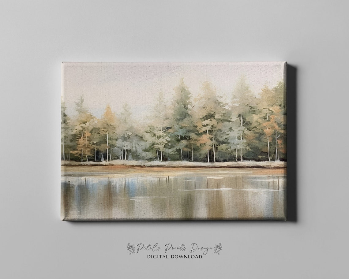 Serene Misty Pine Treeline Calm Lake Reflection Sage Green Poster - Image 4