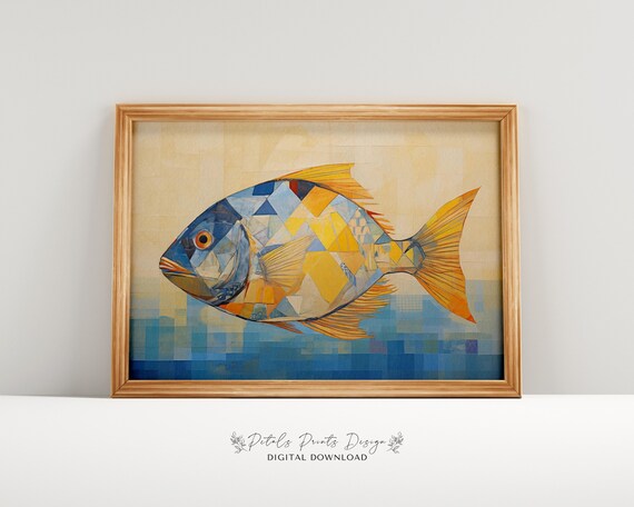 Geometric Mosaic Fish in Blue Gold Triangles Abstract Art Poster