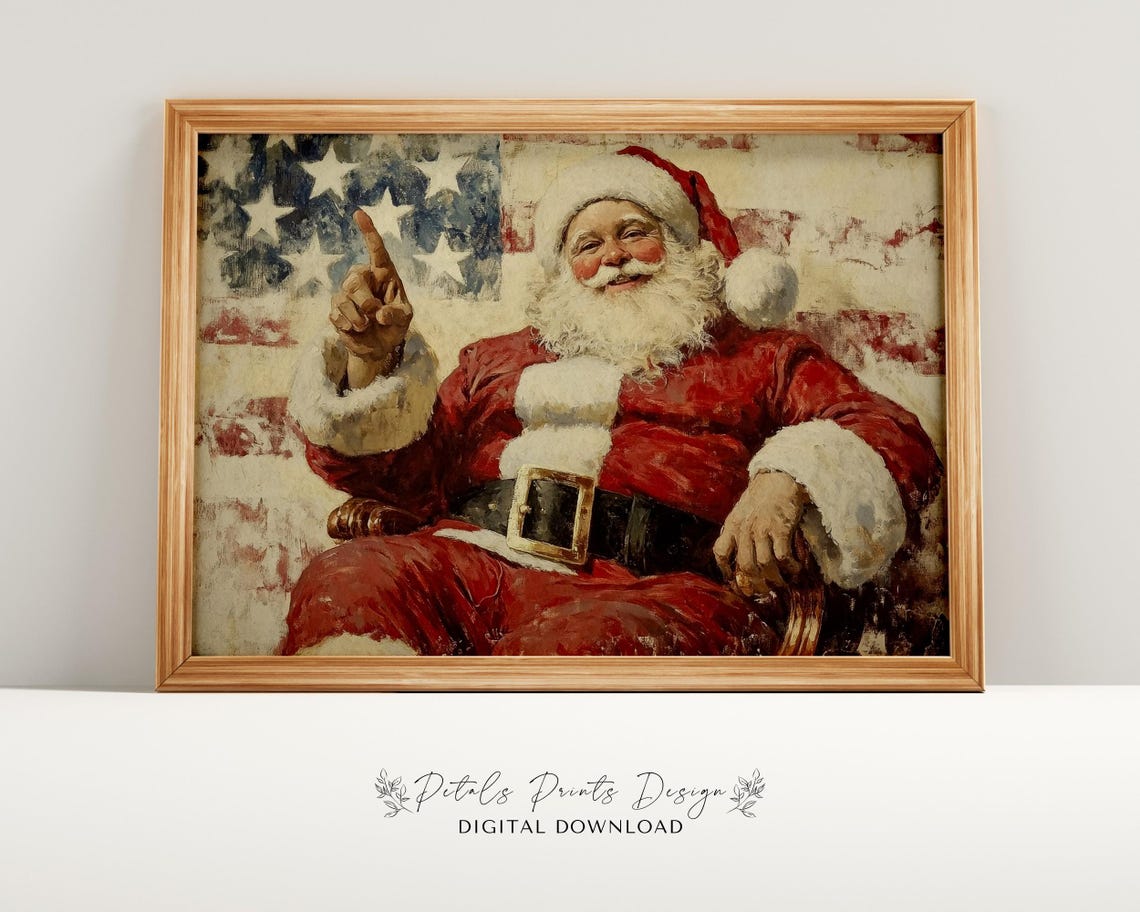 Santa Claus Pointing Up with American Flag Rustic Vintage Art Poster