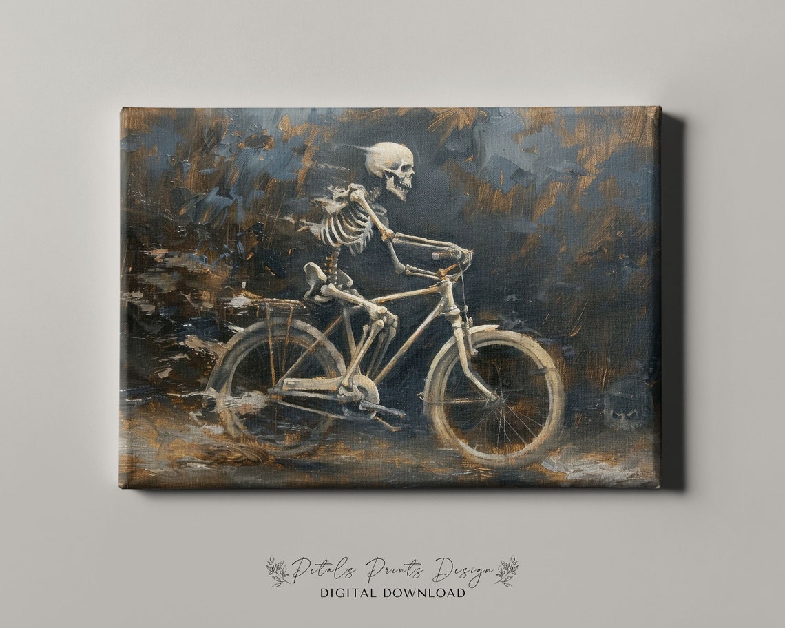 Skeleton Riding Vintage Bicycle Funny Halloween Painting Poster - Image 4