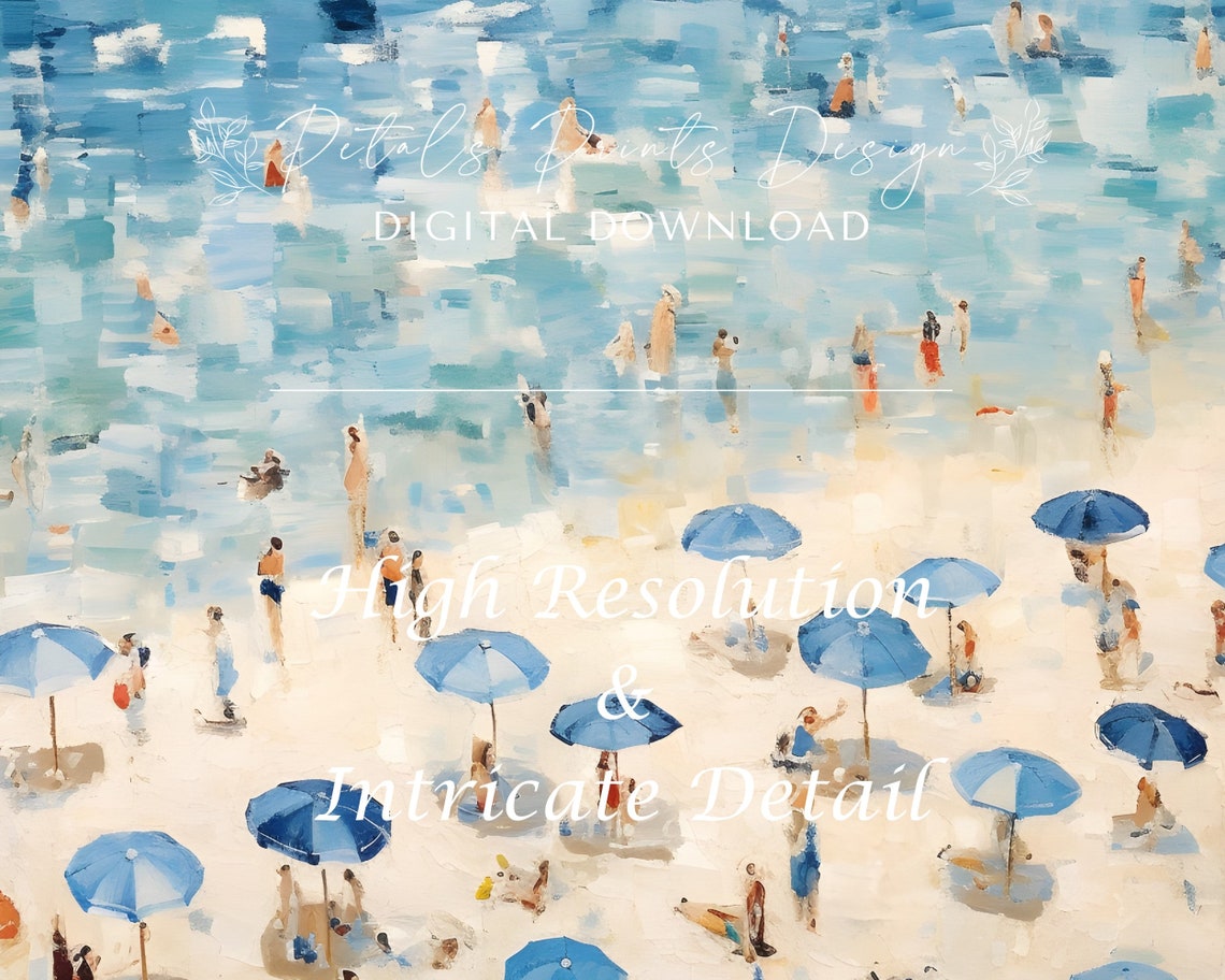 Crowded Summer Beach Swimmers Blue Umbrellas Ocean Art Poster - Image 3