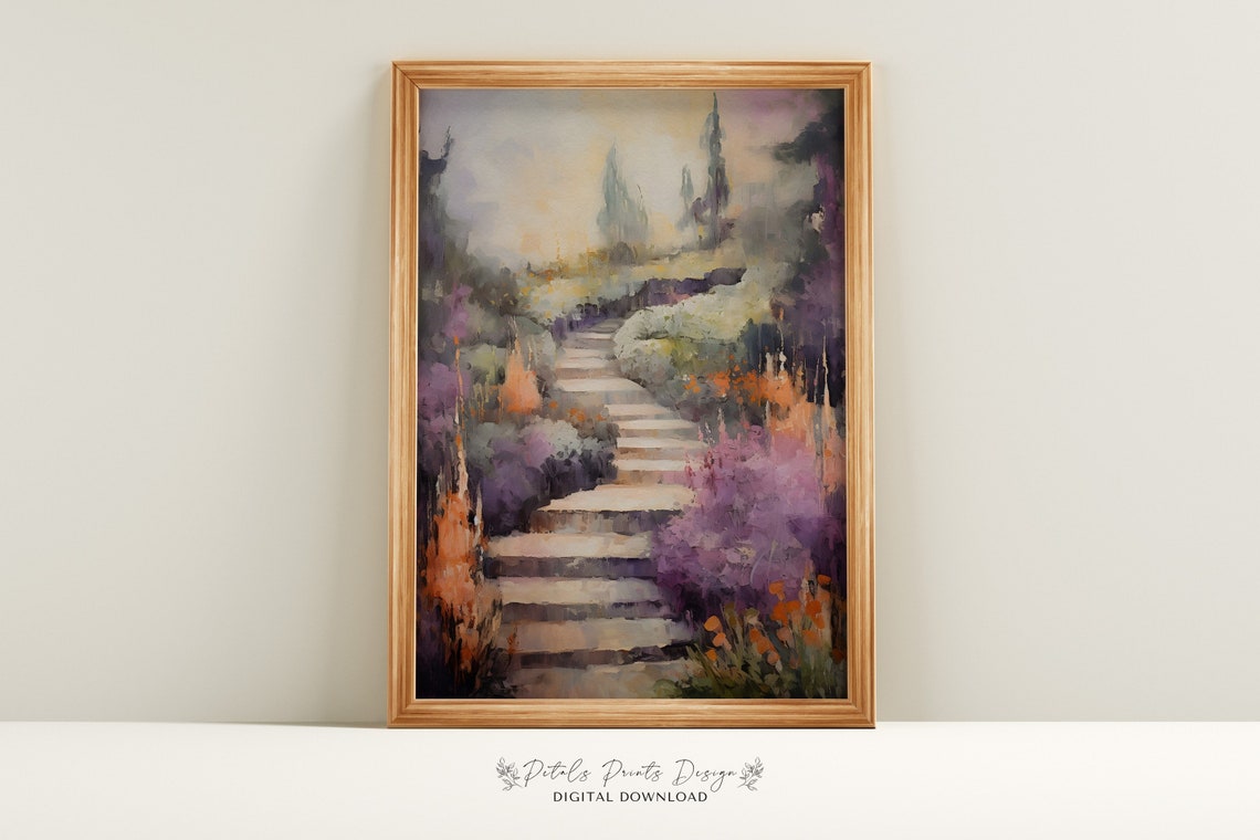 Stone Steps Path Through Lavender Garden Impressionist Art Poster