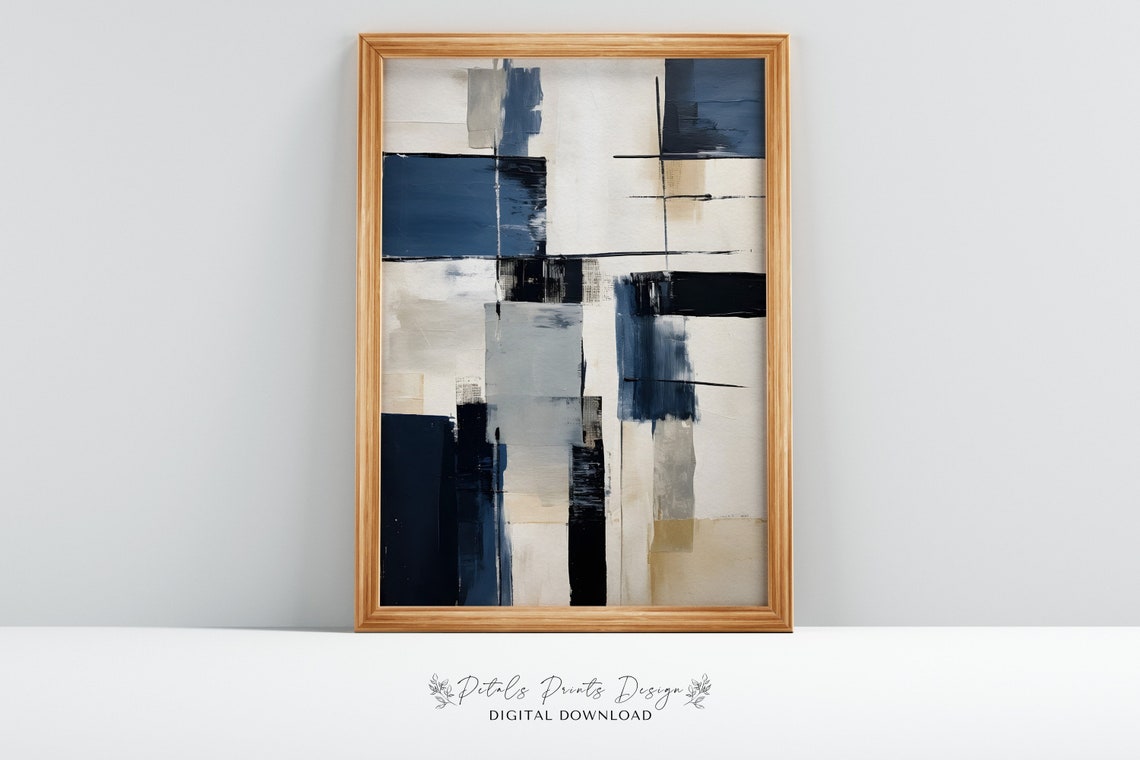 Black Navy Cream Geometric Blocks Vertical Modern Art Poster