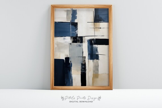 Black Navy Cream Geometric Blocks Vertical Modern Art Poster
