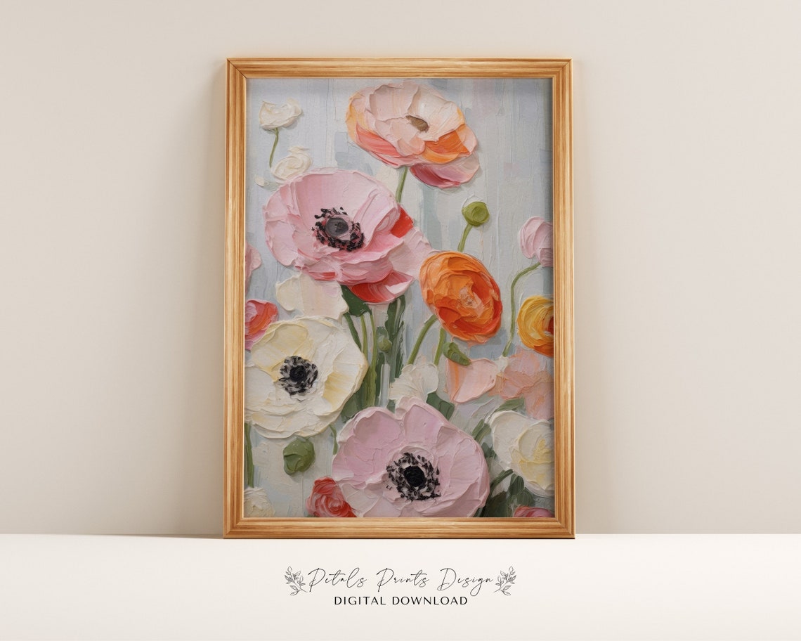 Pink Orange White Anemones Vibrant Impasto Floral Painting Poster