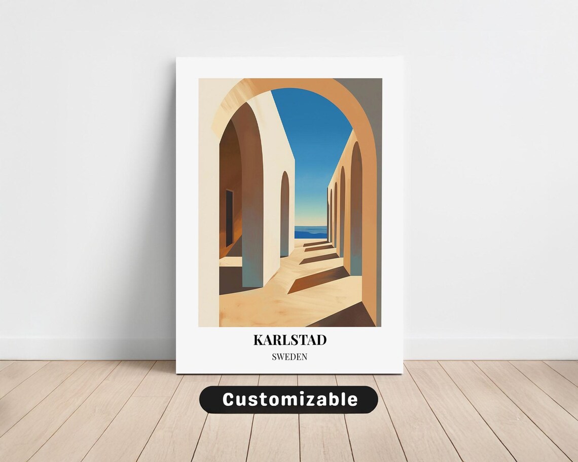 Karlstad Sweden Stone Arch Colonnade Sea View Vintage Travel Poster