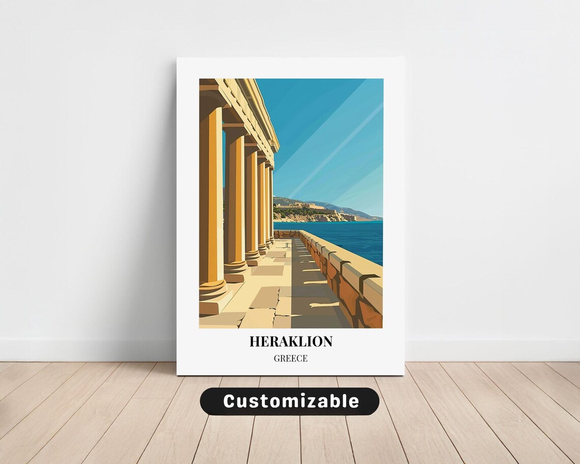 Heraklion Greece Stone Colonnade Seaside Vintage Travel Poster